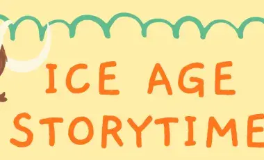 Clip art of a wooly mammoth next to text that says Ice Age Storytime. Image is over a cream colored background with a green scalloped border.