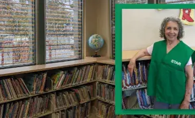 Picture book shelves at the Palms-Rancho Park Branch with an inset portrait of Sandra.