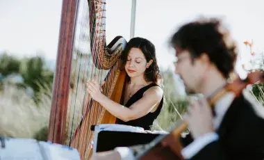 Woman playing a harp and men playing a cello