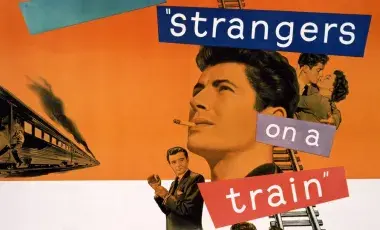 Original film poster from 1951, features drawn images from the film of train tracks, men struggling, a man and woman in a clinch