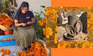 Person working with flowers next to image of a clay candle holder