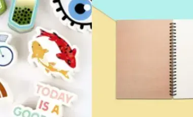 On the left, it displays a mix of fun, and colorful stickers. On the right, it shows a plain spiral notebook, ready to be decorated.