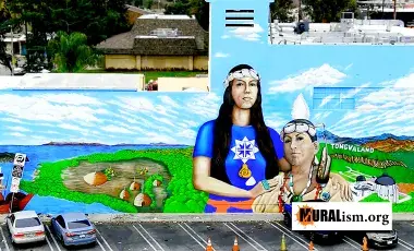 mural of two Tongva women with village background
