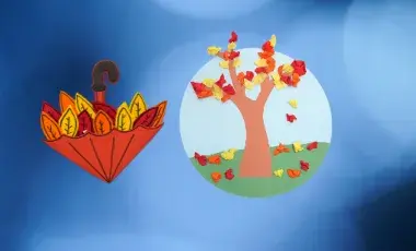 An umbrella with leaves and a fall tree craft
