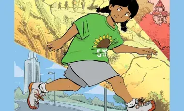 illustration of young person walking with collage of city and rural settings in background