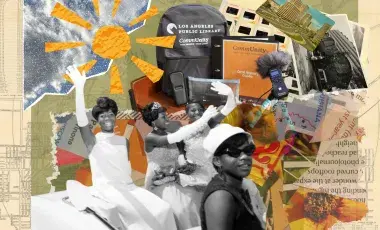 three women from 1967 Watts Summer Festival on collage background.