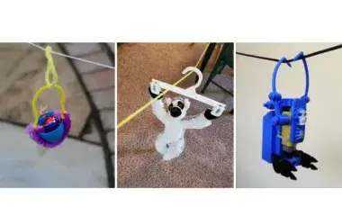 rabbit, monkey and blue plastic toy hanging from zip line