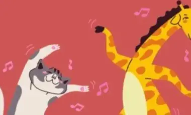 A cat and giraffe dance to the storytime beat