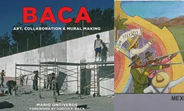 Bookcover of Baca, alongside a photo of a section of The Great Wall of Los Angeles