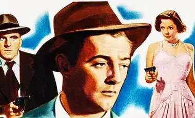 The protagonist is in the center. To the left is a man and to the right a woman both holding guns at him.