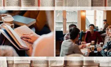 two photos showing people holding and discussing books with a multi book background
