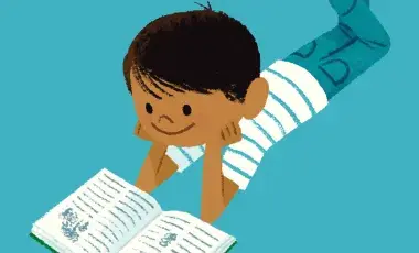 An illustrated image of a young child leisurely reading a book.