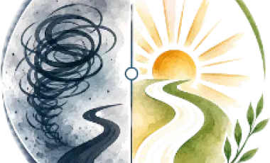 Illustration of a winding road moving from darkness to light