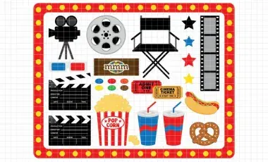 pictures of movie projector, film, chair, food