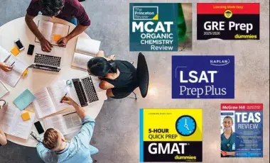 Adults having a study session at a table. Test book titles including the MCAT, GRE, LSAT, GMAT, and TEAS exam are located to the right.