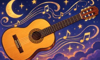 Painting of guitar with moon and stars