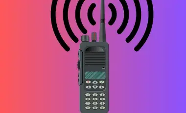 Red and purple gradient background with an image of a HAM radio in the center. Curved lines resembling radio waves center around the radio's antenna.