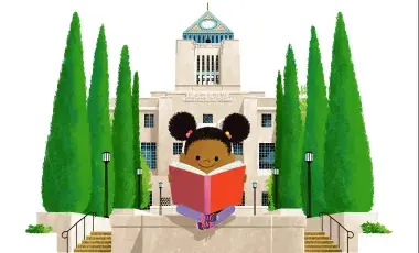A child reads a book in the garden with the Central Library behind them.