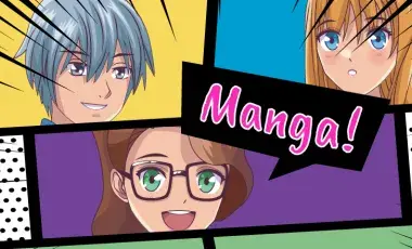 A colorful comic panel with a character saying Manga