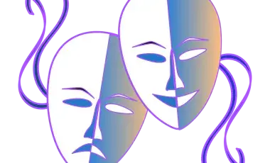 purple and green comedy and tragedy masks 