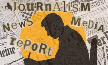 Scrapbook style image of the words journalism, news, media, and reporting.