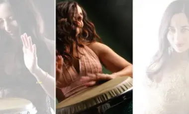 Three images of Melena Valdes from the waist up playing a hand made drum.  