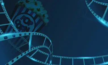 Dark Blue Film Reel with a box of pop corn