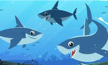 Three animated sharks in the ocean