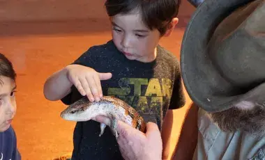 a man in a hat holds a lizard while two boys look