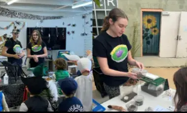 Two photos side by side; the first shows two women speaking to a group of children in a classroom, the second shows one woman at a table showing a child different insects.