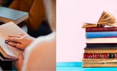 A person reading a book and a stack of books