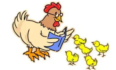 A hen reading a book to five chicks