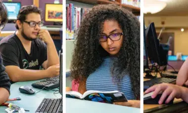 3 photos of young people working on school work