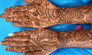 A pair of hands displaying an intricate henna tattoo.