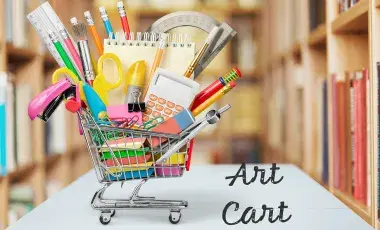 Miniature shopping cart against backdrop of bookshelves. Inside card is various craft items