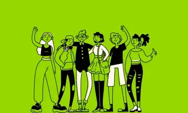 illustration of a group of teens waving 