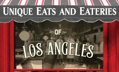 Restaurant front with striped awning pictured on part of the front book cover