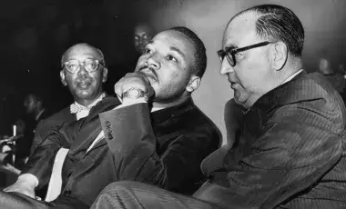 Martin Luther King and Governor Edmund G. Brown during a Freedom Rally at the Los Angeles Sports Arena on June 18, 1961