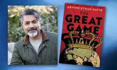 Author Arvind Ethan David and the book cover of The Great Game