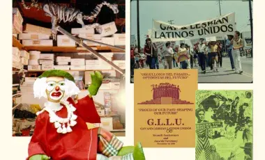 Photo collage of boxes on a shelf, a clown puppet, people marching with a banner, and flyers