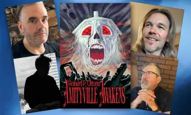 Authors Robert P.Ottone,  Eric Guignard, Erik Hanson, and Michael Cisco and the book cover for Amityville Awakens