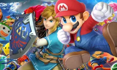 Mario and Zelda attacking mid-air, surrounded by other Nintendo characters. 