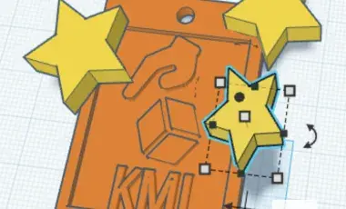 3D stars floating over a KML (Koreatown Media Lab) keychain in a digital space