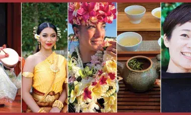A collage of Asian American performers and authors.