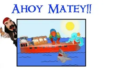 pirate and ship over water with animals
