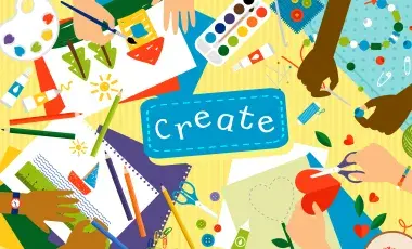 Illustrated image of multicultural hands creating art and surrounded by craft materials on a table.