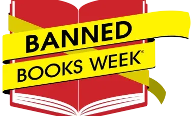 red book with yellow tape across with the words banned books week
