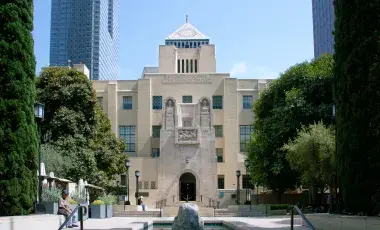 Central Library building exterior with Maguire Gardens