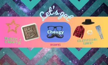 2010s themed artwork illustrating a clothing swap, crafts, and the text "Let's get cheugy". and 