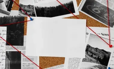 A light brown bulletin board has black and white documents pinned to the board with a red string connecting them. 